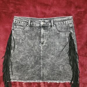 Black Acid-Wash Fringe Denim Mini Skirt